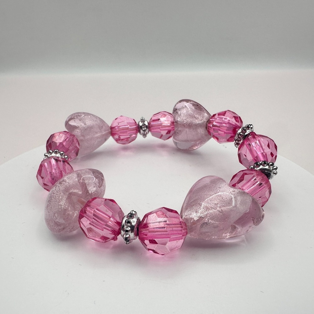 Vintage 90s Y2K Silver Tone Pink Heart Beaded Stretch Bracelet Women's Jewelry